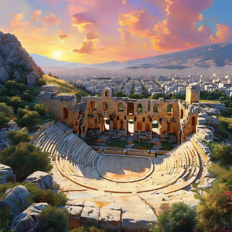 #Bing_Wallpaper“在希腊雅典卫城脚下的赫罗德·阿提库斯剧场，一场壮丽的金色日落庆祝着古典戏剧