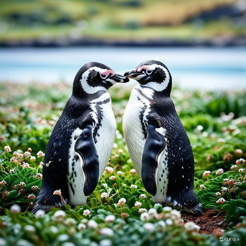 #Bing_Wallpaper两只麦哲伦企鹅并排站立，轻轻地用翅膀相扣，仿佛在温柔地拥抱着彼此