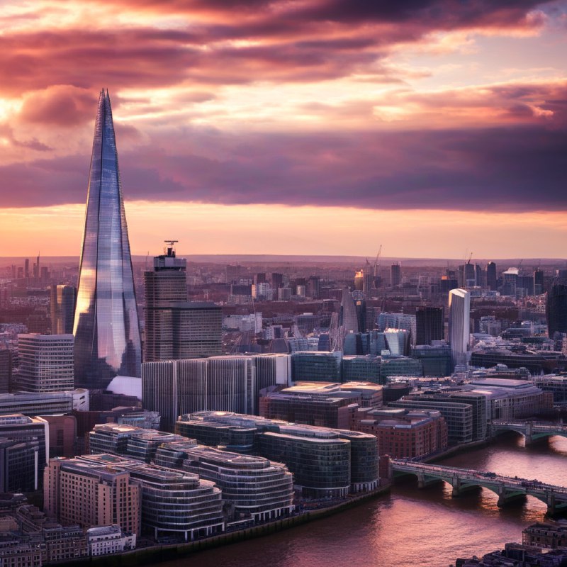 #Bing_Wallpaper“日落时分，伦敦的壮丽城市景观令人心生敬畏，以耸立在天际线上的碎片大厦（The Shard）为焦点