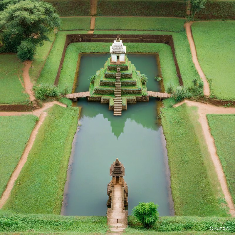 #Bing_Wallpaper“从空中俯瞰宁静的印度卡纳塔克邦霍恩马拉杜附近的 Champaka Sarasi 池塘，一片郁郁葱葱的绿意环绕着池塘，古老的石阶层层跌落至水中