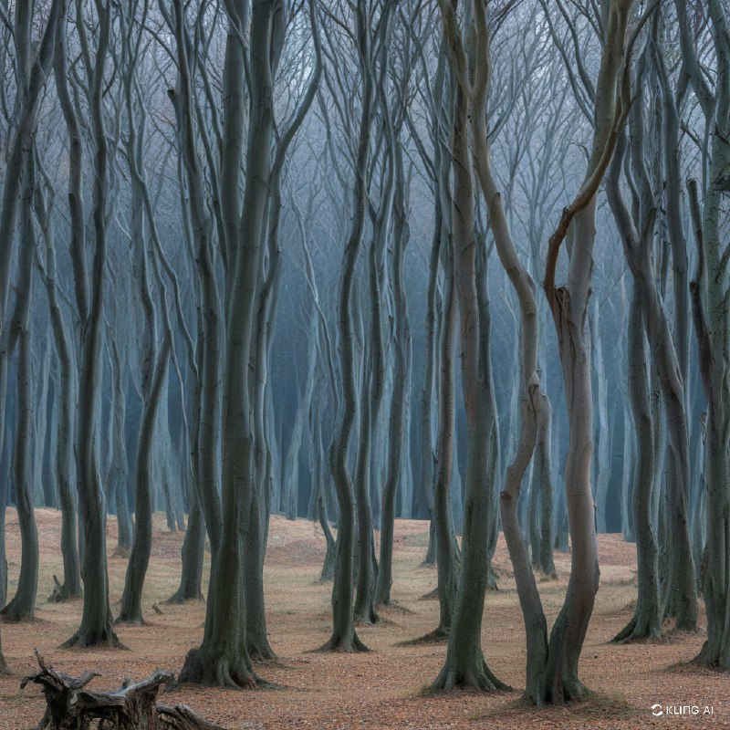 神秘的沿海森林，树木茂密、扭曲，灯光昏暗，气氛阴森恐怖，背景虚无缥缈，秋日的背景，光秃秃的树枝，宁静而神秘