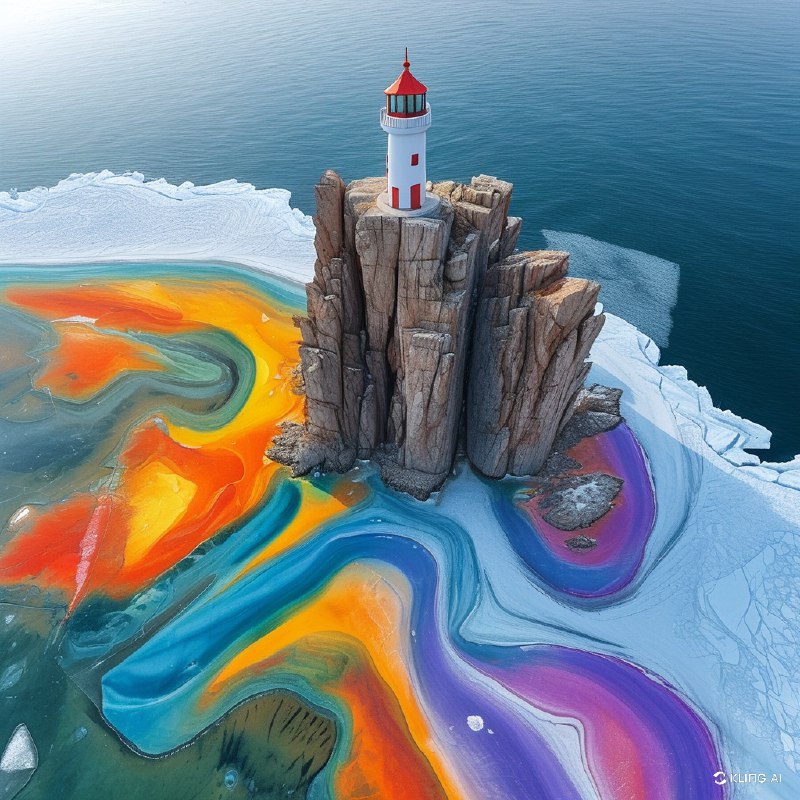 #Bing_Wallpaper俯瞰一幅奇幻场景，展示了悬崖峭壁上色彩斑斓的抽象风景，俯瞰着一片冰封的海面