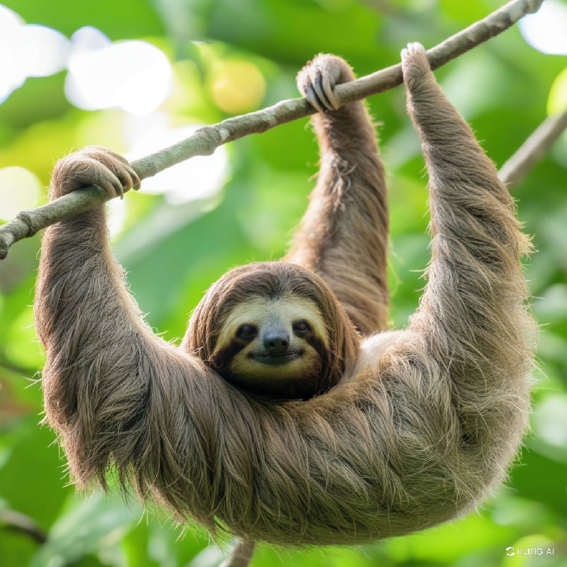 在一片郁郁葱葱的热带雨林中，一只三趾树懒挂在树枝上，毛发细致，斑驳的阳光透过树叶，表情安详，自然栖息地，高分辨率，野生动物摄影"，"风格"："写实"，"情绪"："宁静"在一片郁郁葱葱的热带雨林中，一只三趾树懒挂在树枝上，毛发细致，斑驳的阳光透过树叶，表情安详，自然栖息地，高分辨率，野生动物摄影"，"风格"："写实"，"情绪"："宁静"