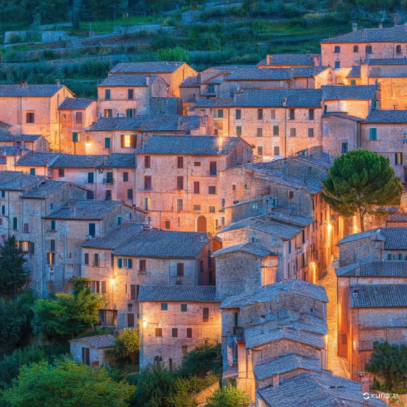 一个风景如画的意大利村庄坐落在山谷中，石头建筑充满乡村韵味，温暖的晚间灯光照亮了整个场景，鹅卵石小路蜿蜒穿过家家户户，周围是郁郁葱葱的绿色植物，宁静而富有历史气息，黄昏的天空