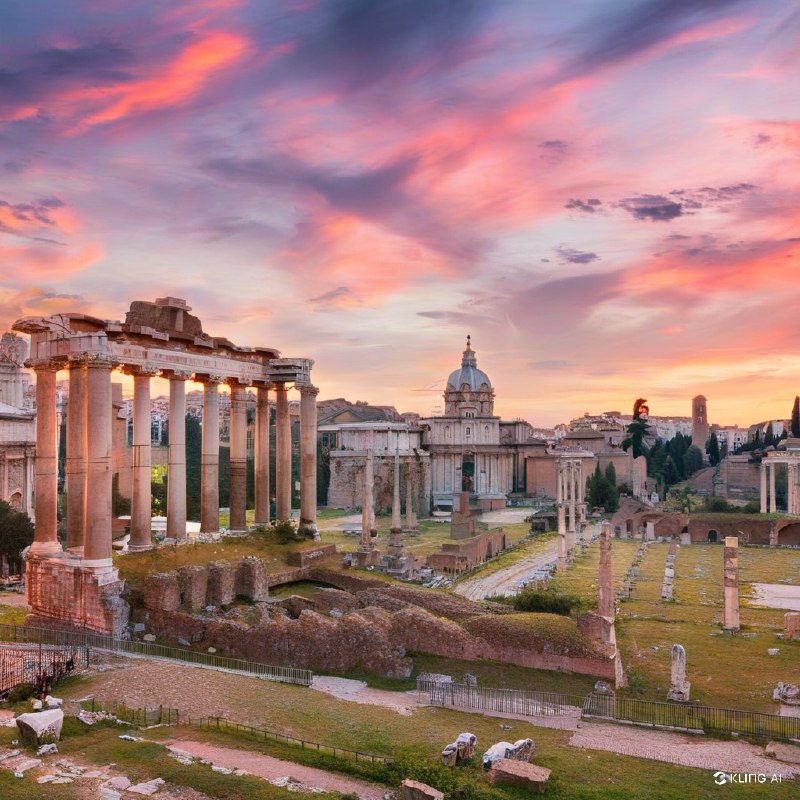 #Bing_Wallpaper“雄伟的罗马广场在日落时分展现出壮丽景象，宏伟的农神庙被古老的遗迹环绕，沐浴在温暖的金色和琥珀色光芒中
