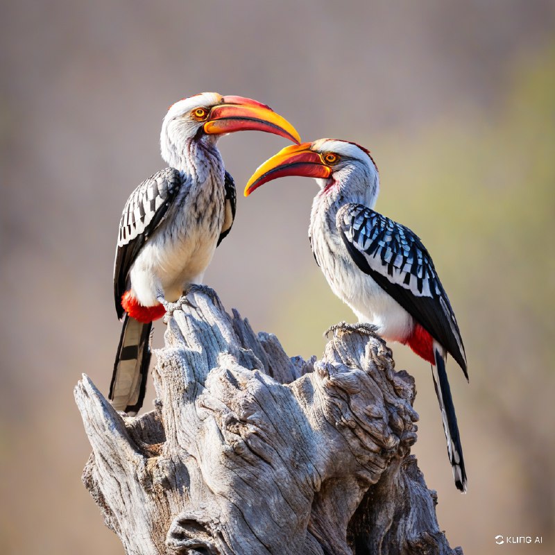 #Bing_Wallpaper两只活力十足的南方黄嘴犀鸟栖息在南非克鲁格国家公园荒野中一棵风化灰树桩的顶端