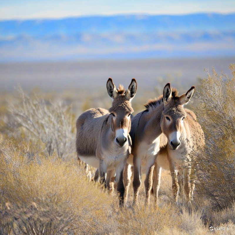 #Bing_Wallpaper在美国内华达州赖奥莱特附近一个阳光明媚的沙漠山谷中，两头野驴并肩而立