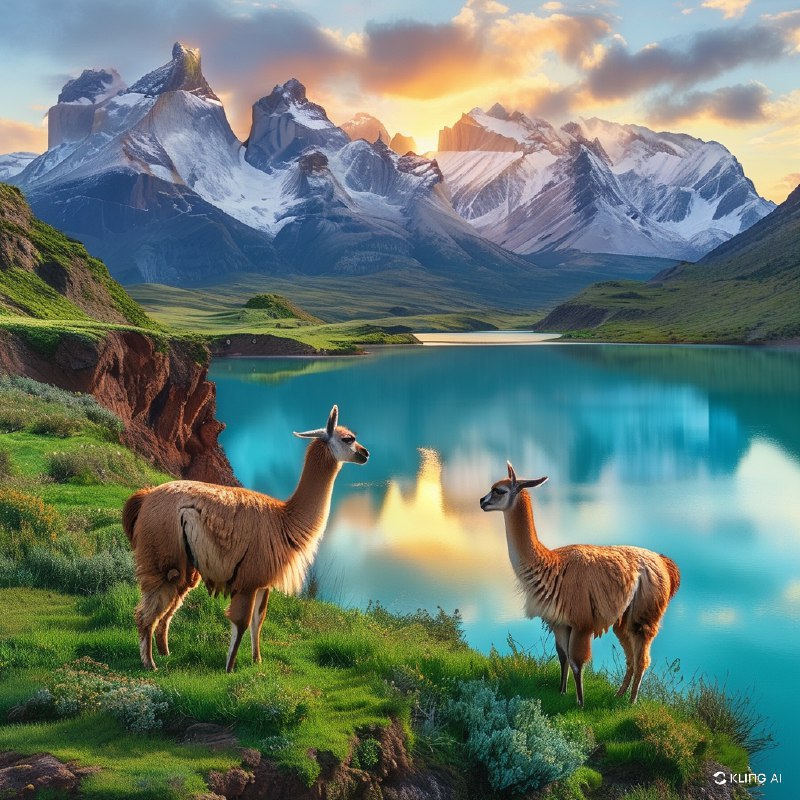 #Bing_Wallpaper"在智利托雷斯德尔潘恩国家公园日出时的壮丽全景，画面中有两只优雅的原驼栖息在草坪峭壁上