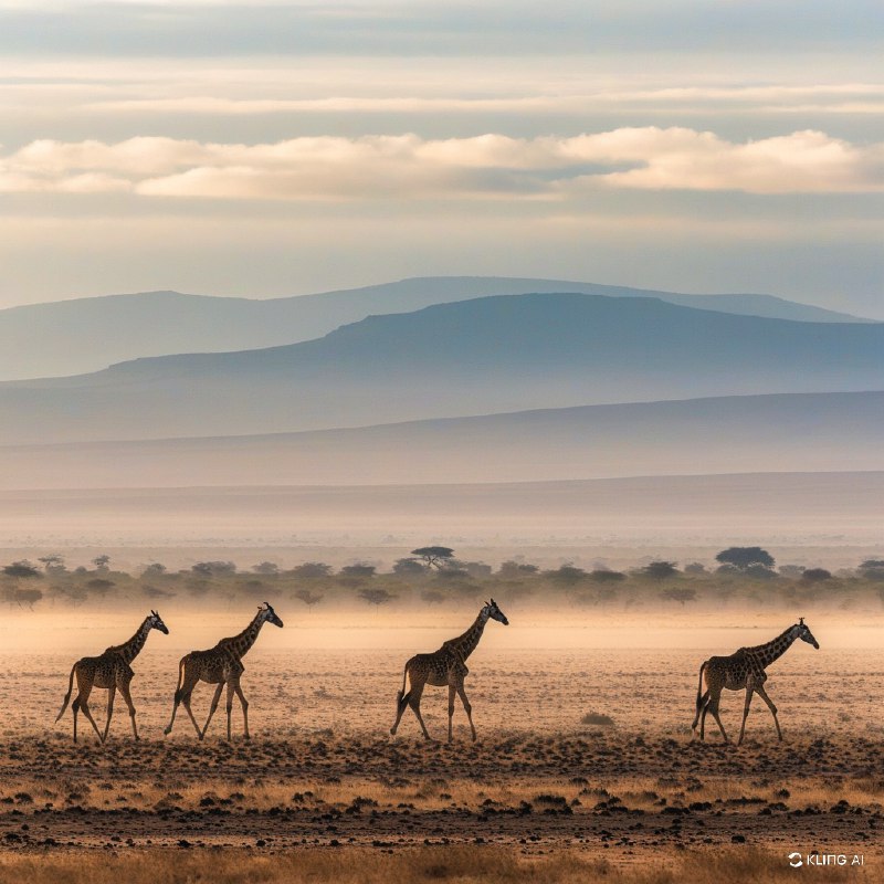 #Bing_WallpaperWide landscape of Amboseli National Park, Kenya, featuring a group of Maasai giraffes gracefully walking across the savannah. The scene is bathed in soft, golden light, highlighting the dry grass and sparse vegetation. In the background, misty hills stretch across a vast horizon under a dramatic, overcast sky. The image draws on a warm, earthy color palette with textures of grass and distant trees. Art style is realistic with intricate details, capturing the essence of the African wild and its majestic wildlife.肯尼亚安博塞利国家公园的辽阔景观，展现了一群优雅漫步于稀树草原的马赛长颈鹿