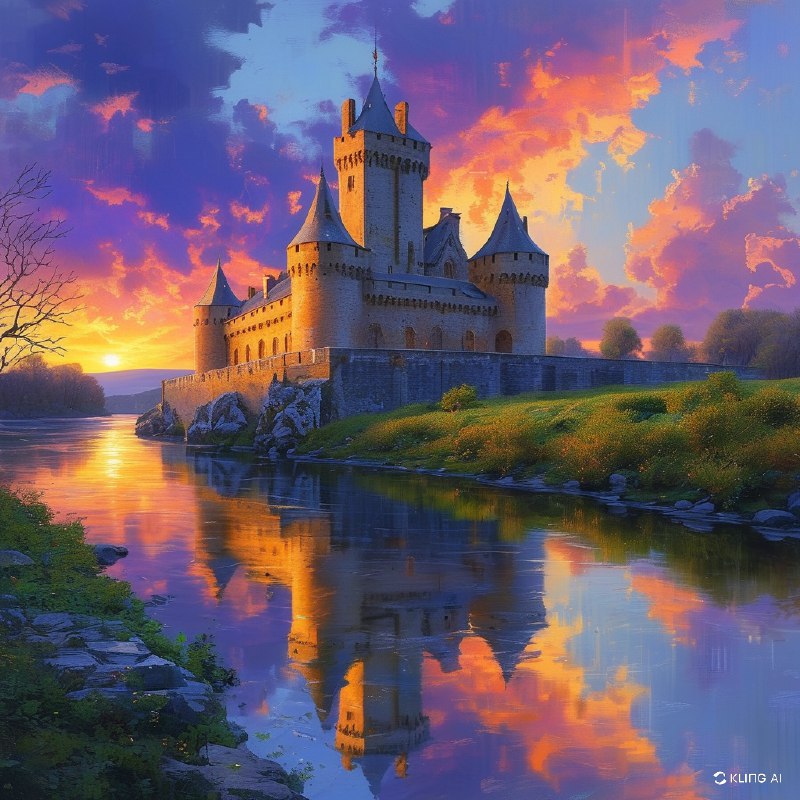 #Bing_Wallpaper一座雄伟的中世纪城堡庄严地矗立在卢瓦尔河静谧的河岸边，暮色中，它被宁静的水面环绕，水面倒映着城堡巍峨的石墙和高耸的圆锥形塔尖