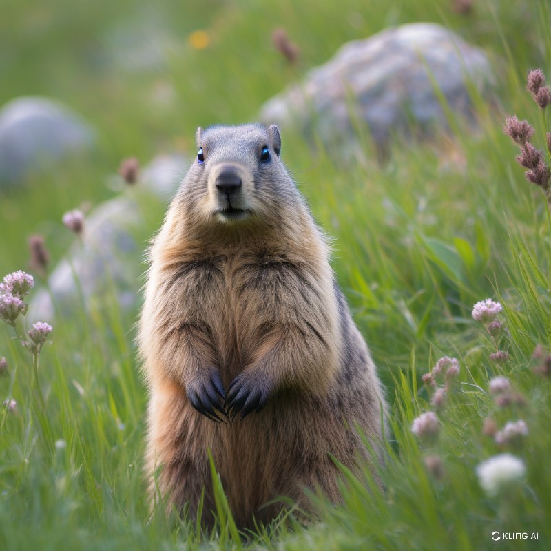 #Bing_Wallpaper一只好奇的年轻高山土拨鼠直立在一片郁郁葱葱的翠绿草地中，草地上点缀着野花和茂盛的高草，背景是柔和模糊的岩石露头和远处的绿色植被