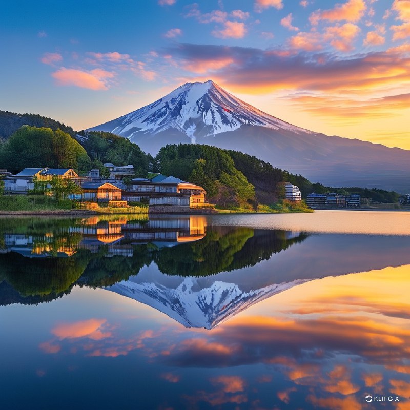 #Bing_Wallpaper旭日柔和的金色光芒洒在雄伟的富士山上，雪顶在温暖的光线中泛着光辉，完美地倒映在日本河口湖如镜的湖水中