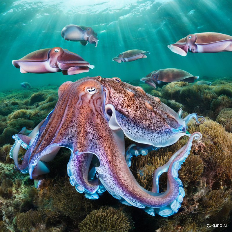 #Bing_Wallpaper在南澳大利亚怀阿拉附近的斯宾塞湾碧绿的水域中，一个超现实的水下场景展现出生命的旺盛景象，一群令人着迷的伞状墨鱼成为焦点