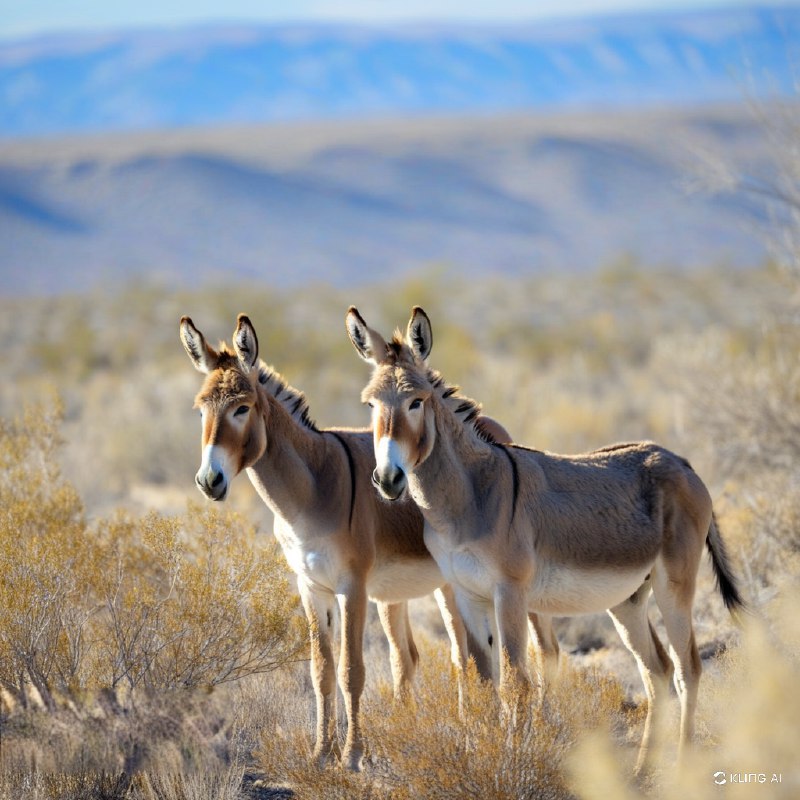 #Bing_Wallpaper在美国内华达州赖奥莱特附近一个阳光明媚的沙漠山谷中，两头野驴并肩而立