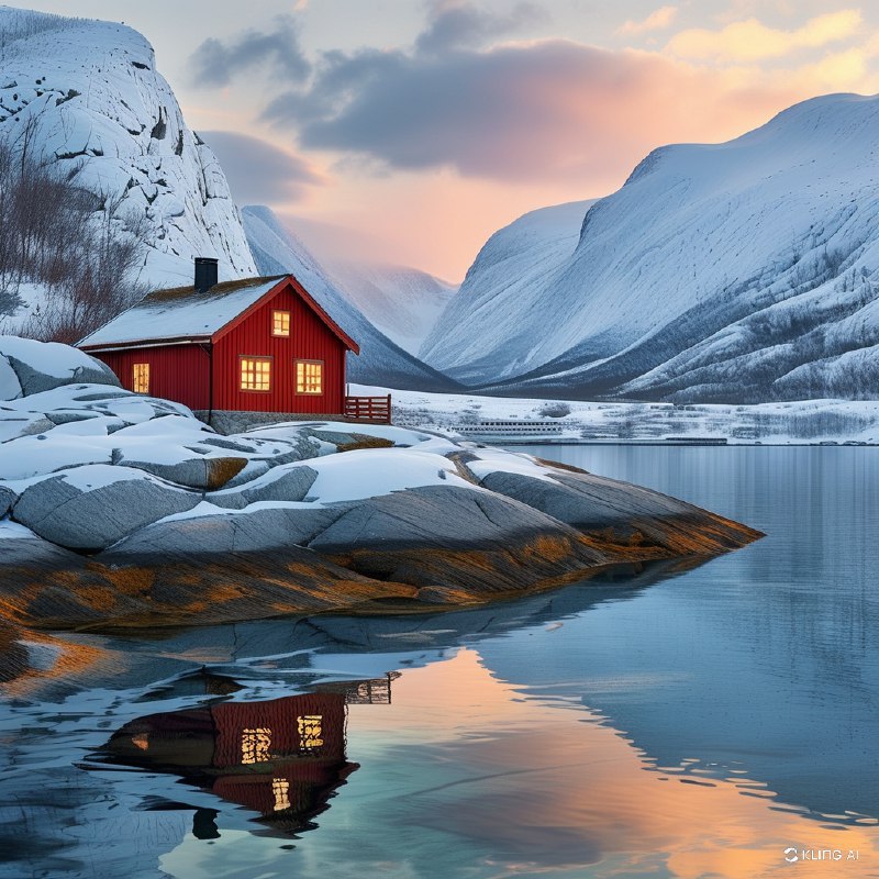 #Bing_Wallpaper鲜艳的红色渔民小屋坐落在挪威Reinefjord的岩石海岸上，背后是雪山覆盖的壮丽景色