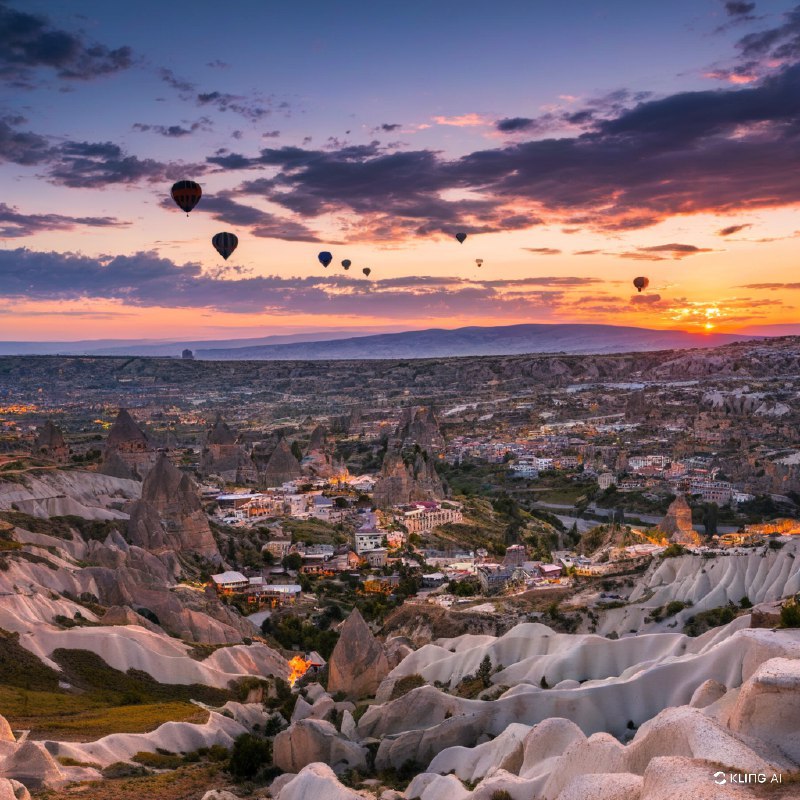 #Bing_Wallpaper"卡帕多西亚格雷梅国家公园在日落时分的迷人鸟瞰图，展现出独特的岩石地貌和阳光洒满山谷的宁静景色，被金色与紫色的光辉所沐浴