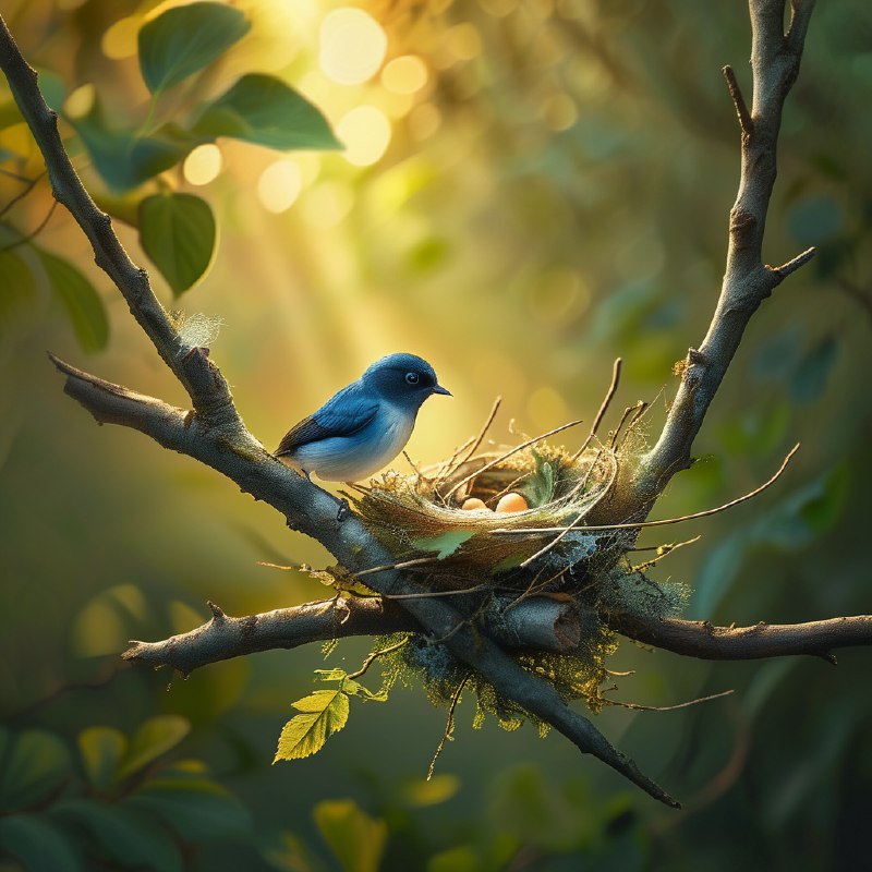 #Bing_Wallpaper“一个静谧温暖的场景，描绘了一只娇小的雌性黑枕王鹟正在两根纤细的树枝交叉处，专注地筑着她舒适的小巢