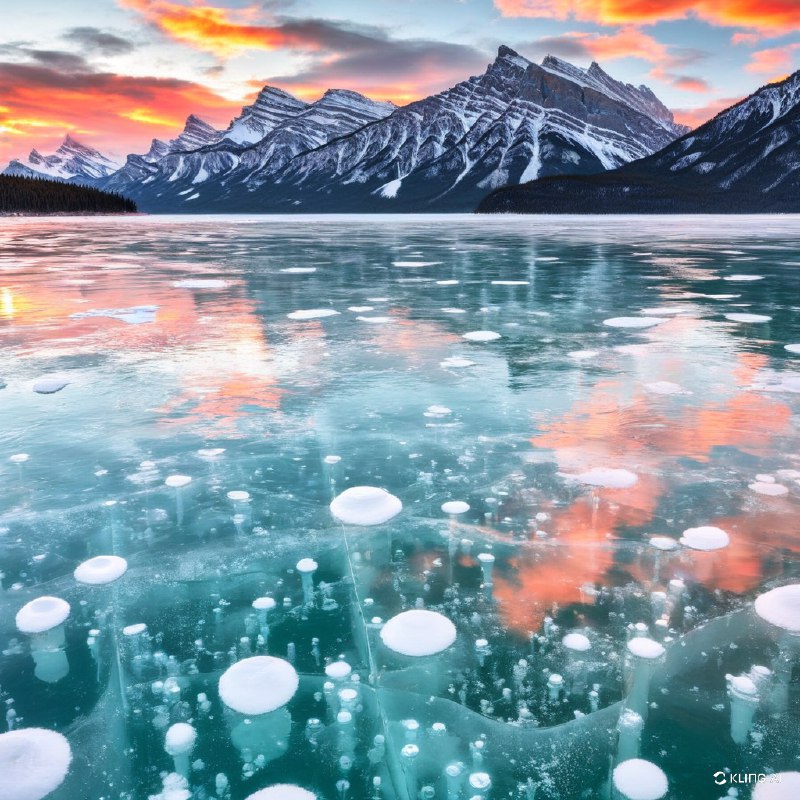#Bing_Wallpaper“一幅令人叹为观止的冬季景观，展现了加拿大阿尔伯塔省亚伯拉罕湖的美景：一片广阔的松石色冰面上，悬浮着透明的白色甲烷气泡，这些气泡冻结成了错落有致的层次，层叠在冰面之下