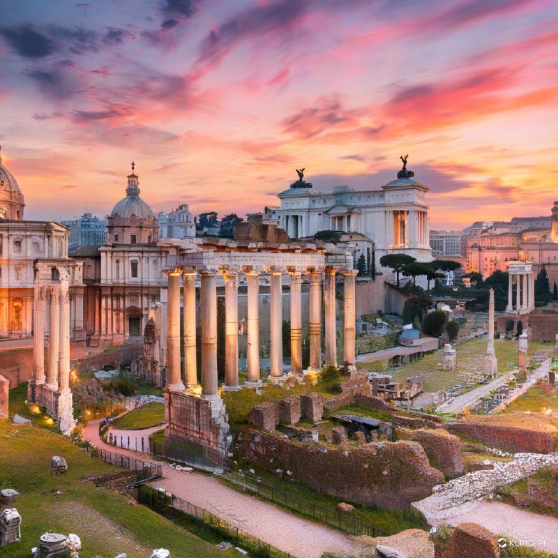 #Bing_Wallpaper“雄伟的罗马广场在日落时分展现出壮丽景象，宏伟的农神庙被古老的遗迹环绕，沐浴在温暖的金色和琥珀色光芒中