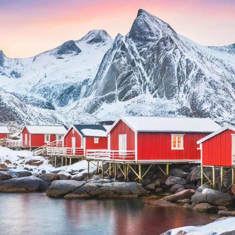 #Bing_Wallpaper鲜艳的红色渔民小屋坐落在挪威Reinefjord的岩石海岸上，背后是雪山覆盖的壮丽景色