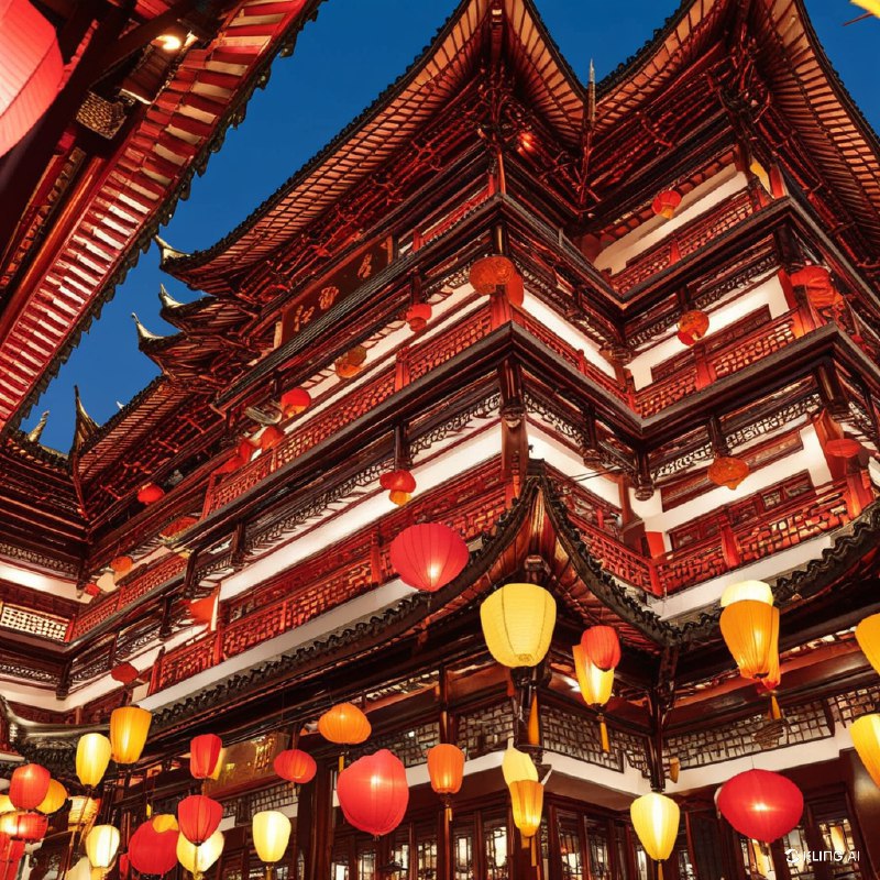 #Bing_Wallpaper上海豫园元宵灯会期间充满活力且喜庆的场景，背景是一片清朗的夜空