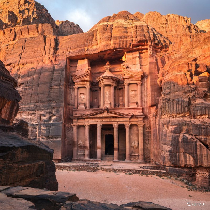 #Bing_Wallpaper“约旦佩特拉的修道院（Ad Deir）的壮丽遗址沐浴在落日的金色余辉中