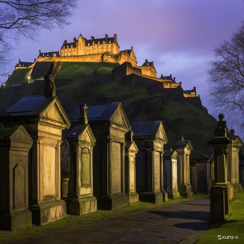 这是一个诡异的历史场景，以苏格兰教堂墓地的墓碑为前景，背景是爱丁堡城堡在阴暗的天空下闪闪发光