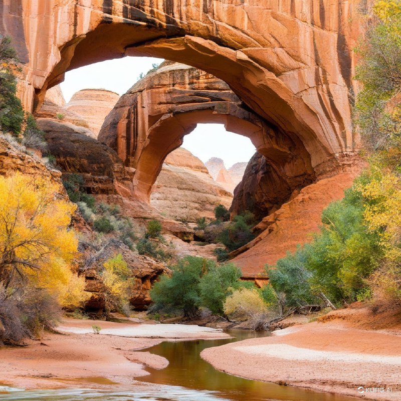 美国犹他州大峡谷休闲区，秋景，峡谷中的天然石拱门，周围环绕着金黄色的树木，溪水缓缓流淌，宁静的风景，温暖的光线，生动的色彩，写实的风格