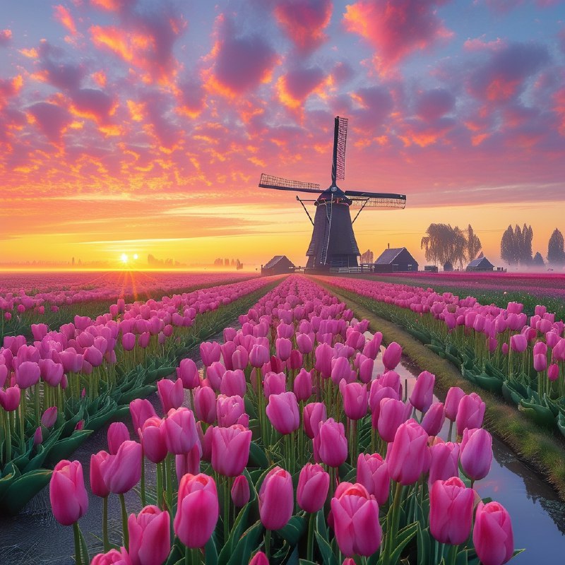 #Bing_Wallpaper“辽阔的田野上盛开着粉色和洋红色的郁金香，一望无际地延伸至地平线，在日出的晨曦下，天边呈现出绚烂多彩的光影——明亮的金黄与紫色交织在柔和的晨雾中