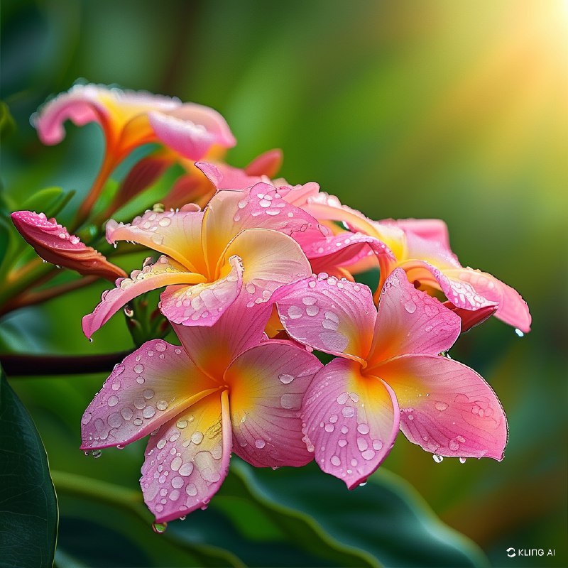 #Bing_Wallpaper"特写镜头展示鲜艳的粉红色和黄色鸡蛋花（缅栀花），花瓣上点缀着新鲜的露珠，在阳光下柔和地闪耀光芒