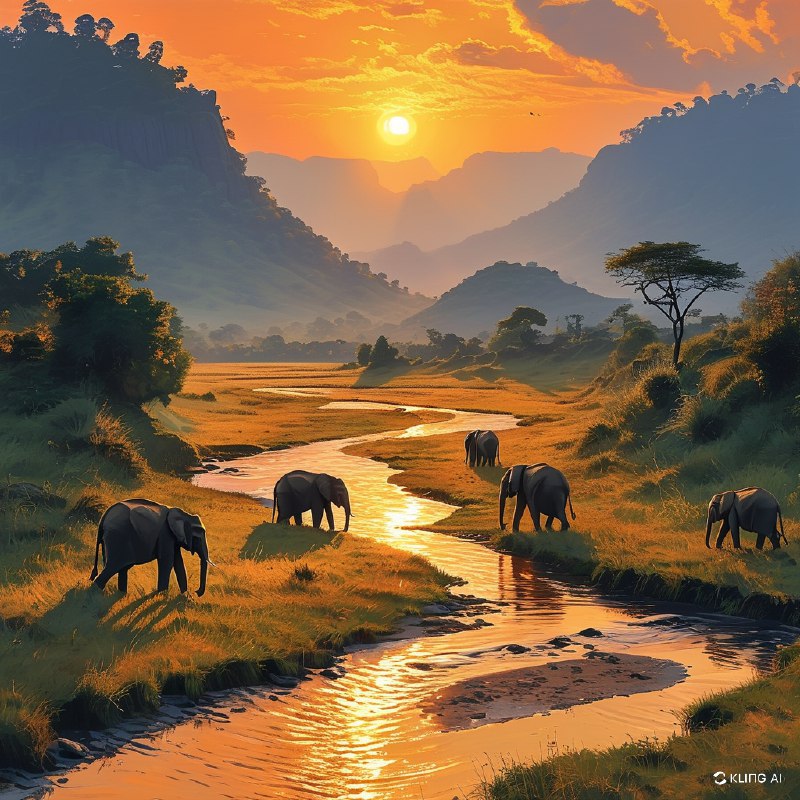 #Bing_Wallpaper壮观的一群大象漫步于印度吉姆·科贝特国家公园，夕阳将天空染成橙色，为大地披上温暖的色调