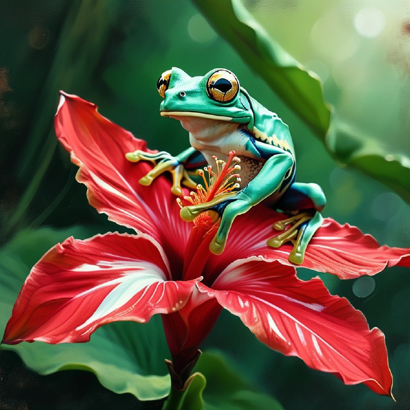 #Bing_Wallpaper一只充满活力的哥斯达黎加树蛙栖息在一朵鲜艳的红色螺旋姜花上，它那鲜亮的绿色身体和炯炯有神的金色眼睛散发着生机勃勃的光彩