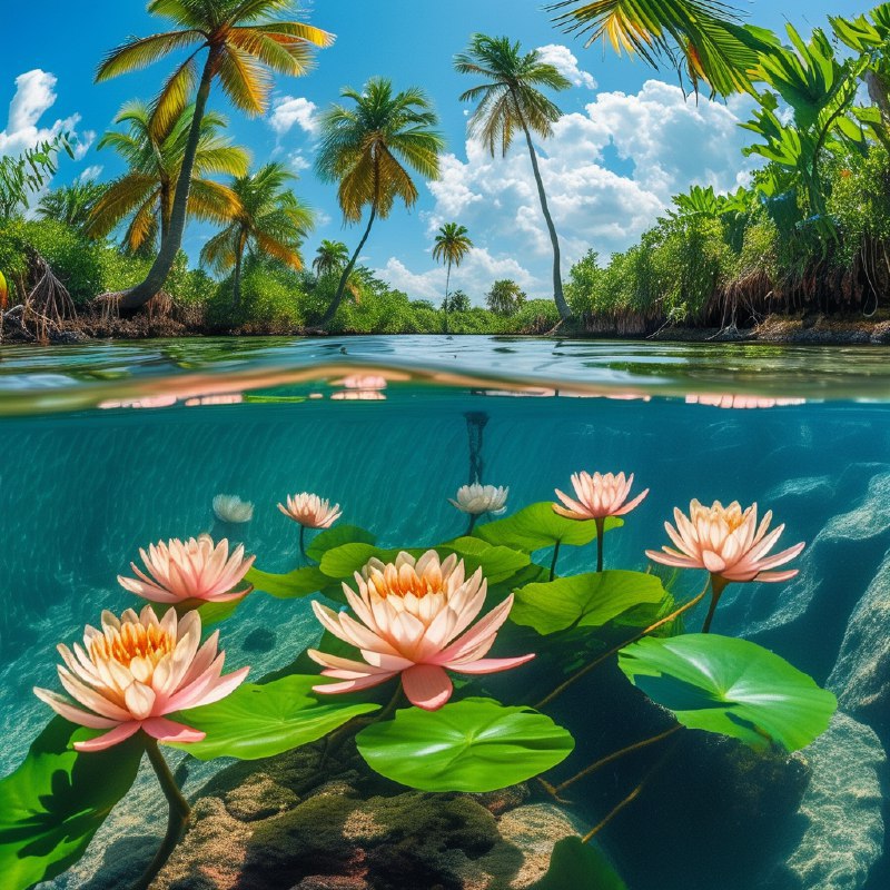 #Bing_Wallpaper“这是一幅迷人的水下视角画面，展现了墨西哥图卢姆一处天然天坑的景象，被热带绿洲的精致倒影所环绕点缀