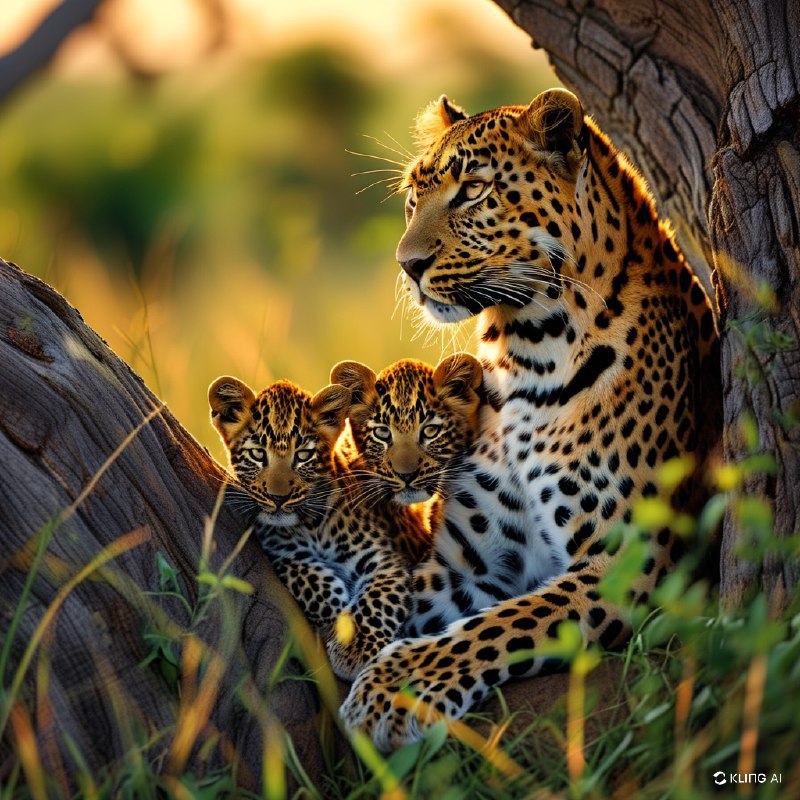 #Bing_Wallpaper“在博茨瓦纳贾奥自然保护区茂密的绿色荒野中，一只母豹正温柔地为她那顽皮的小豹梳理毛发，二者优雅地栖息在一棵粗壮而沧桑的树干上，构成了一幅宁静而暖心的画面