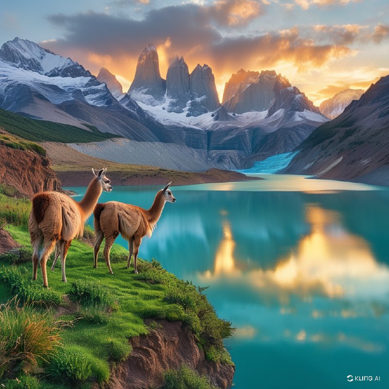 #Bing_Wallpaper"在智利托雷斯德尔潘恩国家公园日出时的壮丽全景，画面中有两只优雅的原驼栖息在草坪峭壁上