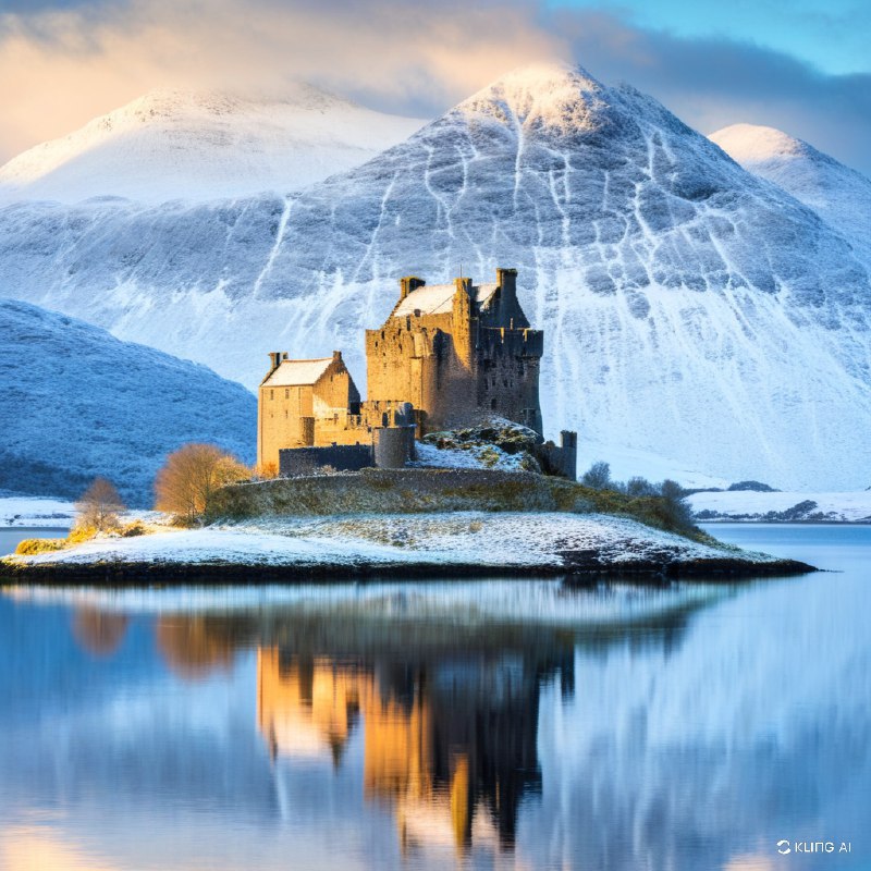 #Bing_Wallpaper“一座孤独的中世纪石堡静静矗立在洛奇湖宁静水域中央的一座小草地岛屿上，周围环绕着苏格兰高地飘渺的自然美景