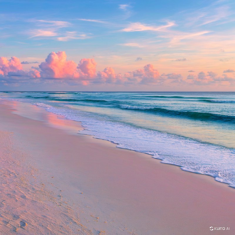 佛罗里达州海湾群岛国家海岸，日出时分的宁静海滩，天空中柔和的粉色和橙色倒映在水面上，轻柔的海浪拍打着沙滩，蓬松的云朵在头顶飘荡，宁静祥和的氛围