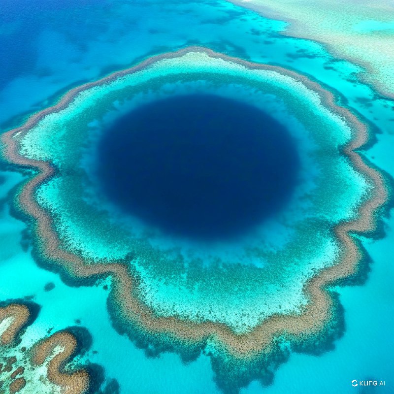 #Bing_Wallpaper“一幅令人叹为观止的俯瞰图展现了伯利兹的大蓝洞——一个巨大的水下天坑，被生机勃勃的珊瑚礁环绕