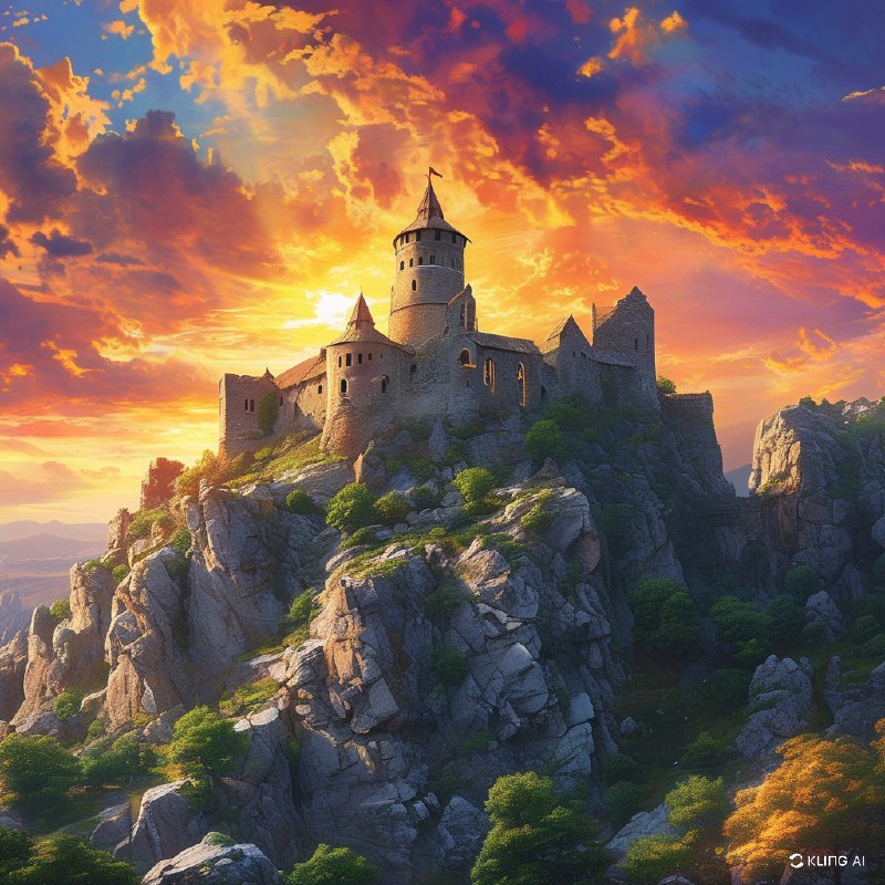 #Bing_WallpaperA majestic ancient castle perched atop a rocky cliff, surrounded by a vast, rugged landscape with sparse greenery. The sky is painted with a stunning, colorful sunset, casting a warm, golden light over the scene. The castle's towers and stone walls are bathed in this dramatic lighting, enhancing its historical and mystical aura. The overall atmosphere is one of awe and timeless beauty.一座雄伟的古老城堡坐落在陡峭的岩石悬崖上，周围是广阔而崎岖的地形，零星点缀着稀疏的绿色植被