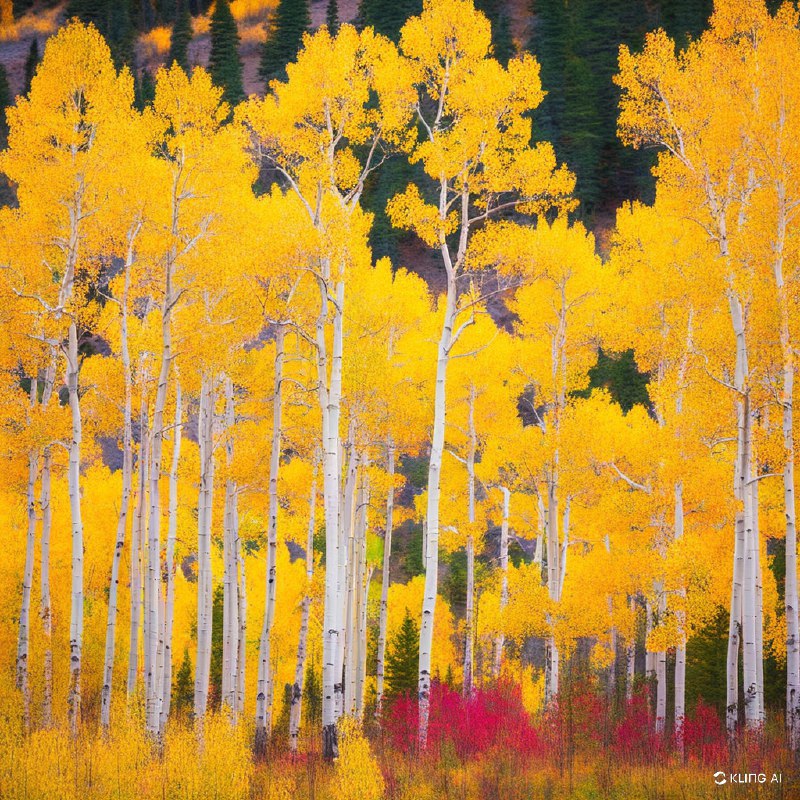 科罗拉多州大理石附近的一片杨树林秋景生机勃勃，金黄色的树叶在自然宁静的环境中展现出令人惊叹的色彩