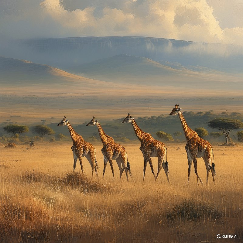 #Bing_WallpaperWide landscape of Amboseli National Park, Kenya, featuring a group of Maasai giraffes gracefully walking across the savannah. The scene is bathed in soft, golden light, highlighting the dry grass and sparse vegetation. In the background, misty hills stretch across a vast horizon under a dramatic, overcast sky. The image draws on a warm, earthy color palette with textures of grass and distant trees. Art style is realistic with intricate details, capturing the essence of the African wild and its majestic wildlife.肯尼亚安博塞利国家公园的辽阔景观，展现了一群优雅漫步于稀树草原的马赛长颈鹿
