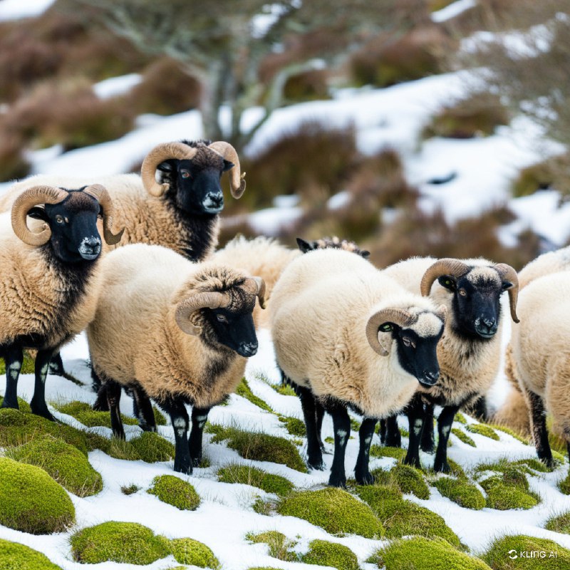 #Bing_Wallpaper一群宁静而威严的长角绵羊站立在新西兰的一处草地上，草地上零星点缀着白雪