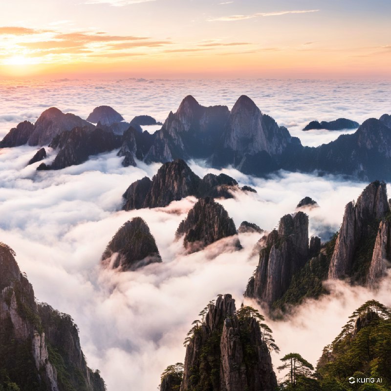 中国黄山的壮丽景色，日出时分，崎岖的山峰上云海翻滚，金色的天空在薄雾中投射出温暖的光芒