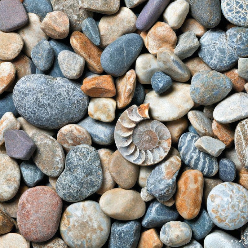 散落在岩石和石头中的各种化石（包括氨虫和贝类）的详细图像