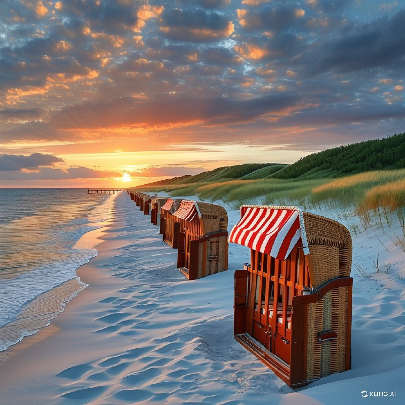 #Bing_Wallpaper波罗的海海滩日落的田园风光，展现了一排排传统的藤编沙滩椅，上方覆盖着红白条纹的顶篷，整齐地摆放在洁白无瑕的沙滩上