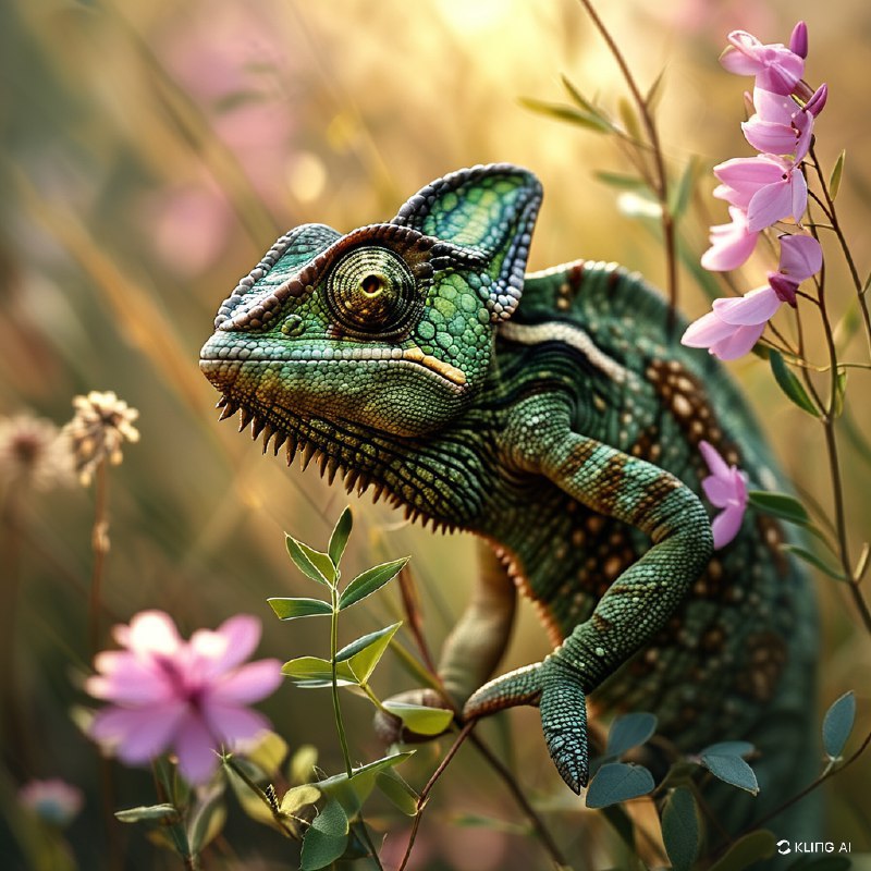 #Bing_Wallpaper“一只伪装成浅粉色野花草地的变色龙，巧妙地与周围环境融为一体，却又凭借其复杂的纹理图案在米色、橄榄绿和深棕色的不同色调中微微凸显出来