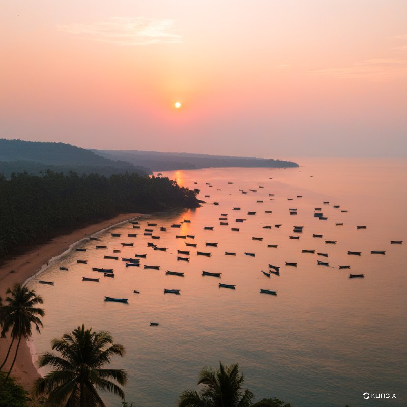 夕阳下宁静的海滩景色，渔船散落在水面上，海岸线上的棕榈树和朦胧的天空，捕捉到了果阿海岸风景的宁静之美