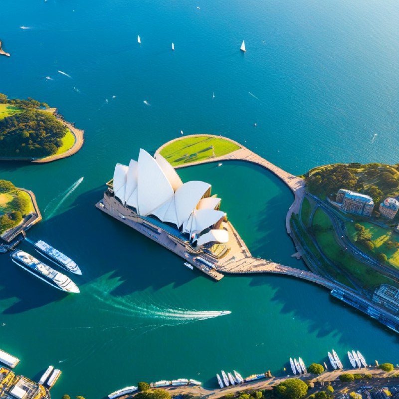 #Bing_Wallpaper"一幅令人叹为观止的悉尼港鸟瞰图，展示了位于澳大利亚新南威尔士州的标志性建筑悉尼歌剧院和海港大桥沐浴在黄昏的金色光辉中