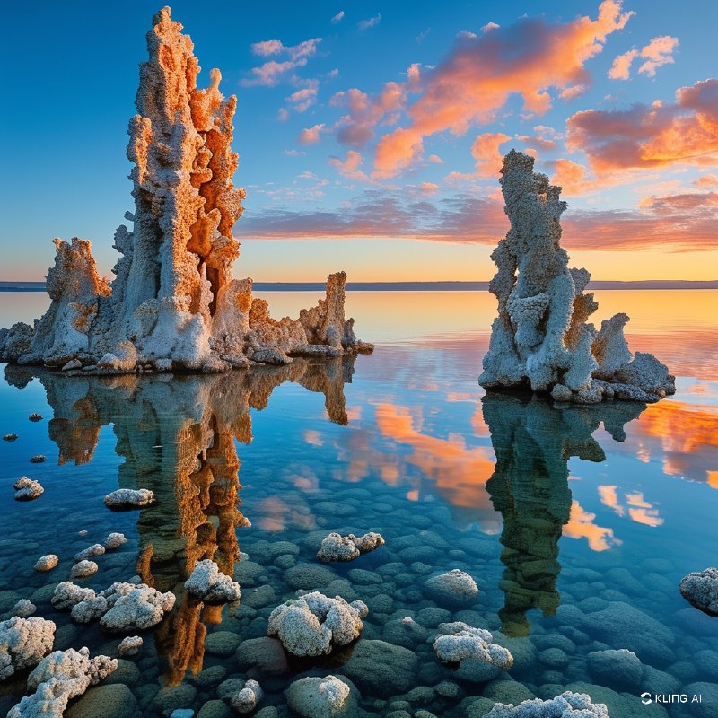 #Bing_Wallpaper 加利福尼亚州莫诺湖的图像，展现从宁静湖水中涌现的引人注目的石灰华塔