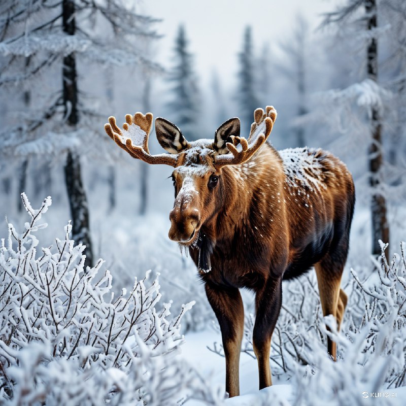 #Bing_Wallpaper"创造一个令人叹为观止的场景：在阿拉斯加德纳利国家公园的雪景中，一只母麋鹿伫立其中，眼神狂野而深邃
